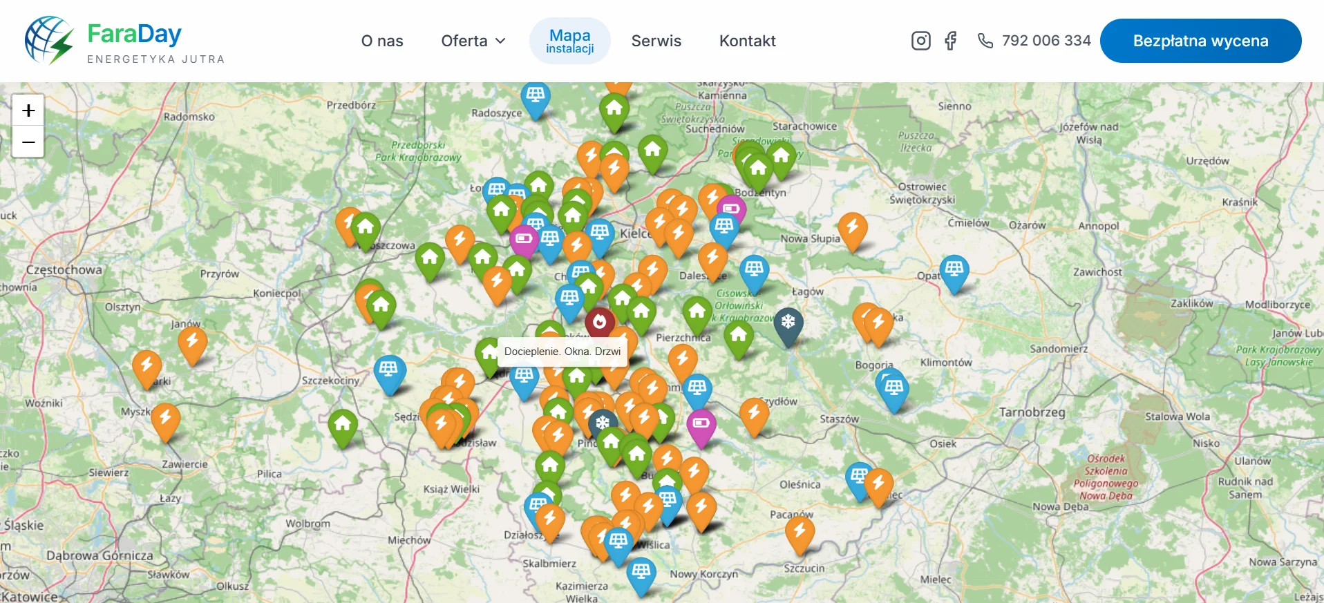 Faraday mapa instalacji OZE — interaktywna mapa realizacji paneli fotowoltaicznych, Django