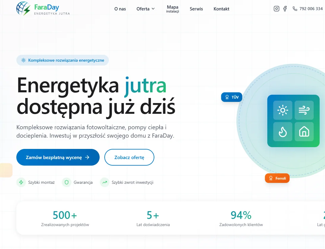 Faraday — strona firmowa z ofertą i formularzem serwisowym, integracja z CRM