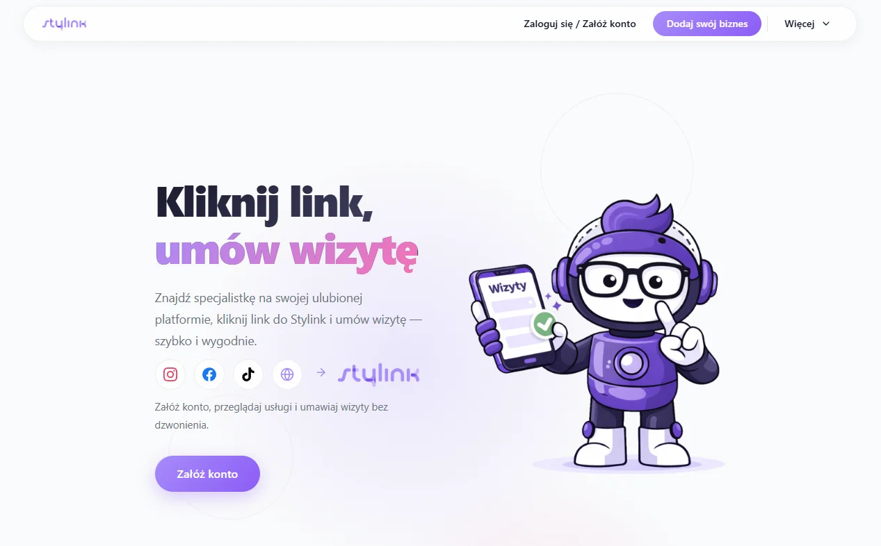 Stylink.pl — aplikacja webowa do rezerwacji wizyt u stylistów, widok strony głównej